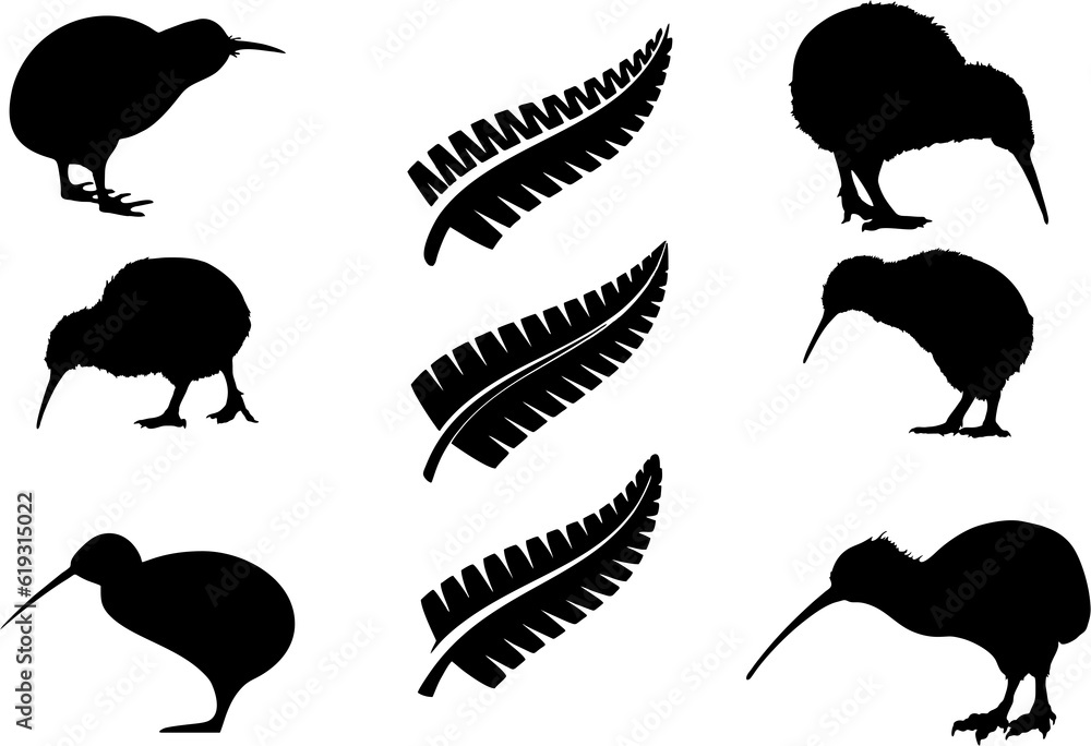 Wall mural silhouette of kiwi birds. a treasure to maori, strong cultural, spiritual and historic associations 