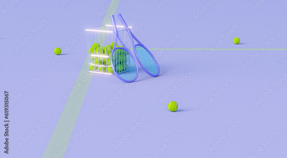 Wall mural Minimal composition for sport and healthy concept. Tennis ball and racket on green tennis court  in pastel colors background. Padel tennis. Advertisement idea. Creative composition. 3d render