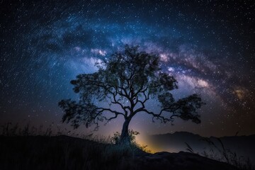 solitary tree standing under a starry night sky in an open field. Generative AI