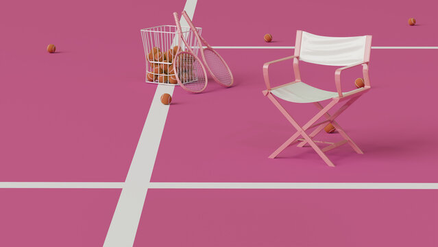 Minimal composition for sport and healthy concept. Tennis ball and racket on green tennis court  in pastel colors background. Padel tennis. Advertisement idea. Creative composition. 3d render