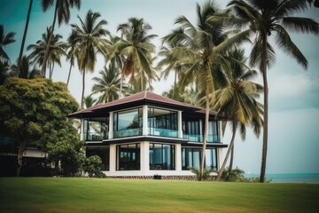 tropical house with palm trees in the background