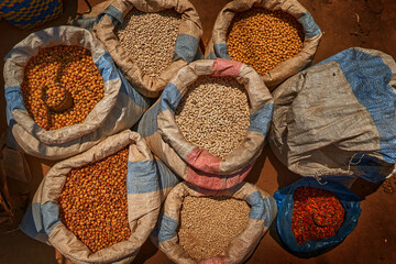 Bean plant in the bag sack,  diferent kind. Madagascar market, travel in Africa. Shop in Antanarivo...