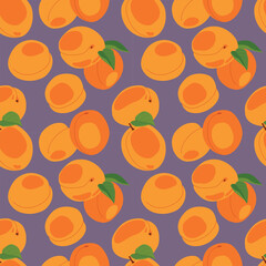 Apricot seamless pattern. Vector. Fruits whole and cut into pieces on a dark background. Summer tropical endless background for label, fabric, packaging.
