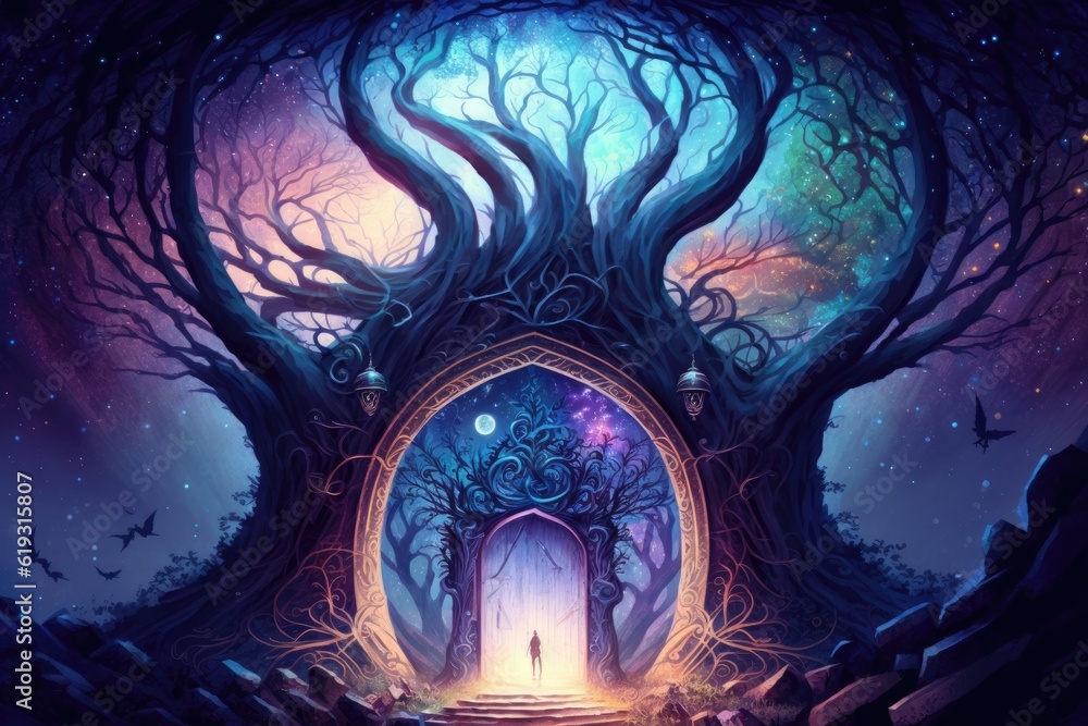 Poster mysterious doorway within the branches of a tree in a painting. generative ai