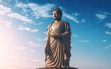 Fototapeta premium The statue of Buddha sits outdoor with a blue sky.