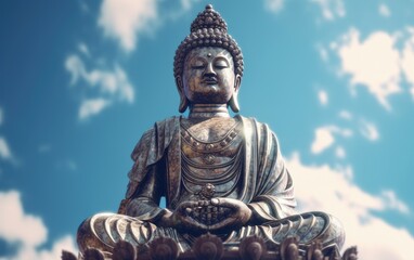 The statue of Buddha sits outdoor with a blue sky.