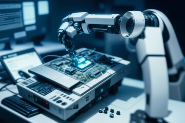 Robot arm picks up computer chip