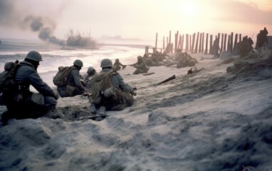 A retro world war 2 army run on the beach for survive.