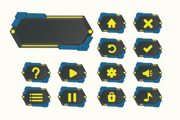set of icons game UI button robotic or tech theme vector design concept in black and yellow color  design 