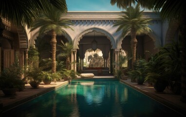 Obraz na płótnie Canvas Pool in the resort with palm tree. 