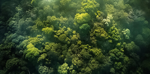 Naklejka na ściany i meble Aerial top view of summer green trees in forest. Mixed forest, green deciduous trees. Soft light in countryside woodland or park. Drone shoot above colorful green texture in nature. Generative AI.