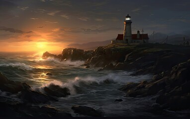 Lighthouse on the beach in the night.