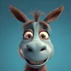 Foto op Canvas 3d rendering of a funny cartoon donkey on a blue background. © Wazir Design