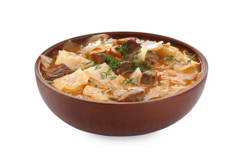 Tasty cabbage soup with meat, carrot and dill on white background