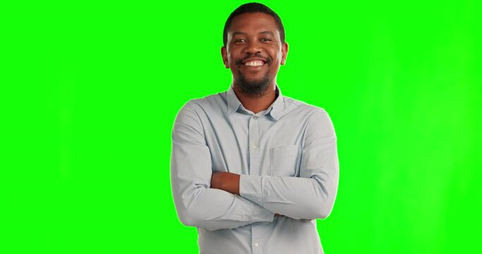 Black man, smile and arms crossed on green screen with confident, happy or positive mindset on studio background. Happiness, portrait and face of employee, worker or businessman with success