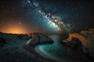 Fototapeta na wymiar Milky Way over serene water. Generative AI