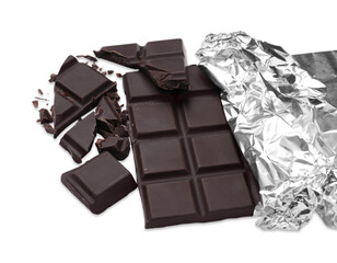 Pieces of delicious dark chocolate bar on white background