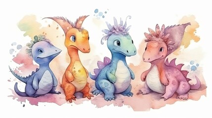 Naklejka premium Dinosaurs watercolor illustration. Generative AI