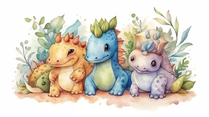 Naklejka premium Dinosaurs watercolor illustration. Generative AI