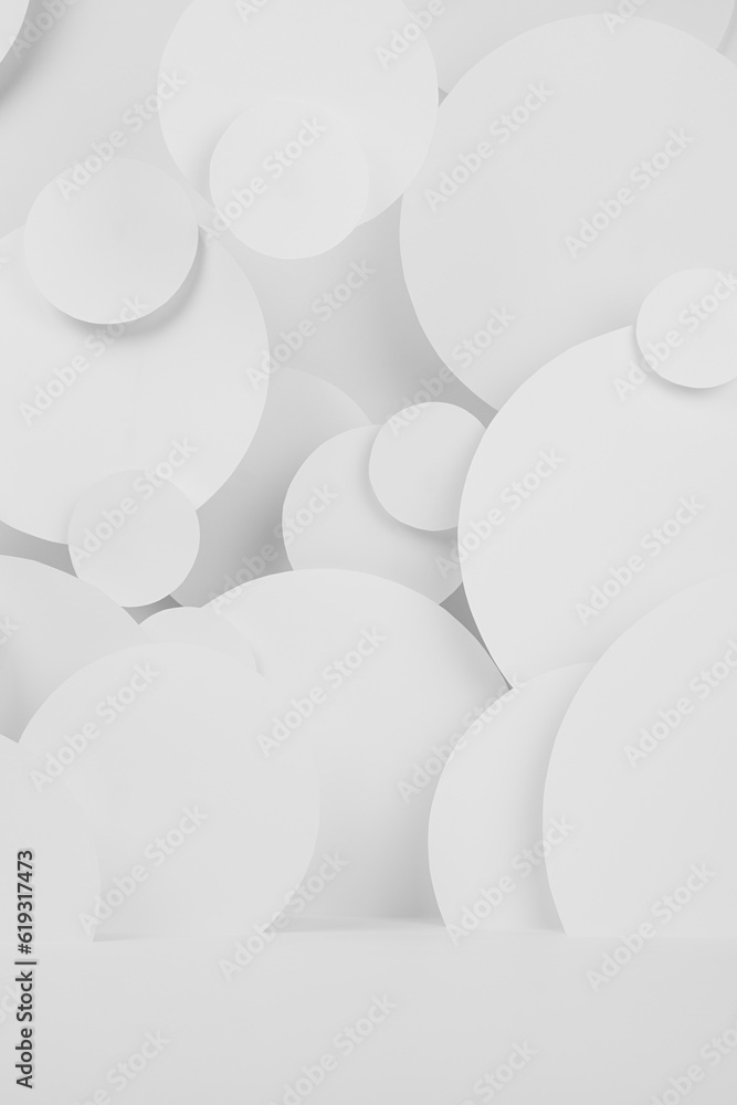 Poster white abstract background of fly circles pattern with perspective, floor as stage mockup for present