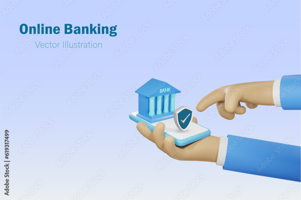 Wall mural Online banking and digital financial service and investment on smart phone. Bank building with  secure shield on mobile in businessman hand. Virtual bank and financial innovation technology. 3D.