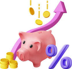 3D Piggy Bank with Growth Stock Chart Arrow