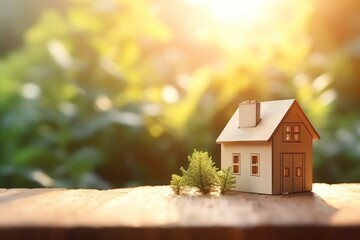 Obraz na płótnie Canvas House model with blur nature background, money, saving and investment or family planning concept. Generative Ai.
