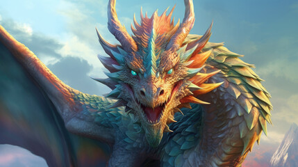 Step into a realm of fantasy through this enchanting portrait, where the captivating gaze and majestic presence of a colossal dragon will transport you to a world of awe and wonder. AI generated