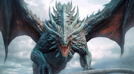 Fototapeta premium In this stunning portrait, the mythical dragon takes center stage, with its immense size and fantastical features drawing you into a world of fantasy and wonder. winter AI generated