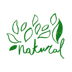 Fototapeta premium Vector healthy food badge with hand-drawn coal texture. Organic products emblem. Healthy eating icon for vegan label. Natural symbol for cosmetic design. Farming sign. Bio and eco insignia template.