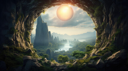 An otherworldly and magical mountain landscape with luminous caves, glowing crystals, and ethereal beings AI generated