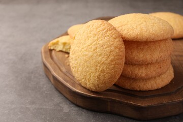 Delicious Danish butter cookies on grey table, closeup