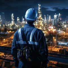 Obraz premium At back of the Workers engineer in Oil and gas industrial, Oil refinery plant from industry, Refinery Oil storage tank and pipe line steel. Non-existent person. Generative Ai