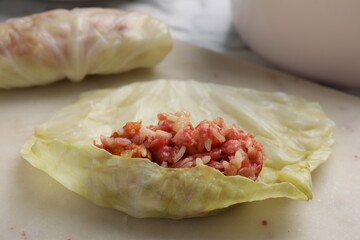 Preparing stuffed cabbage roll on board, closeup