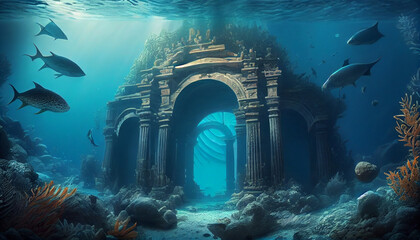 underwater scene with reef. underwater world concept. Ancient underwater city ocean scene Ai...