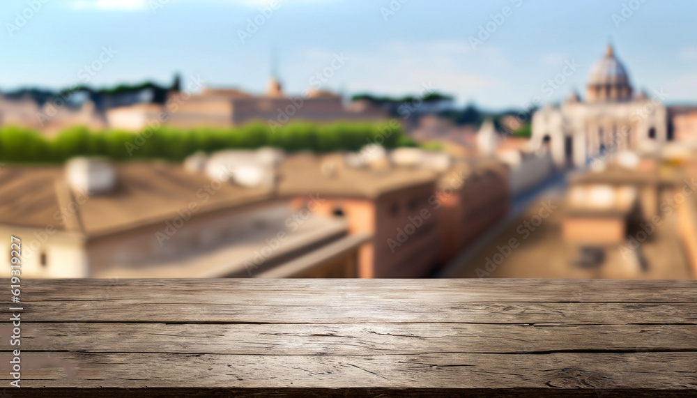 Aufkleber the empty wooden table top with blur background of rome. exuberant image.