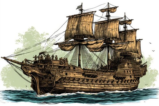 pirate ship sailing in the open sea. Generative AI