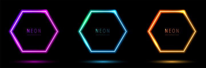 Set of glowing neon hexagon lighting lines pink-purple, blue-green, orange-yellow, blue-green illuminate hexagon frame design. collection of glowing neon lighting on dark background with copy space.
