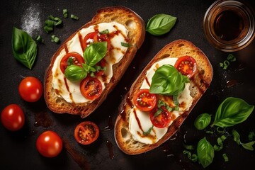 classic Italian dish - Bruschetta with Mozzarella and Tomatoes. Generative AI