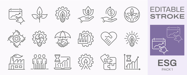 ESG icons, such as environment social governance, risk management, financial performance, sustainable developmen and more. Editable stroke.