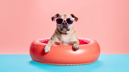Portrait happy dog in an inflatable floating ring isolated on color background , Created with Generative Ai Technology