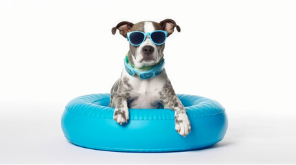 Portrait happy dog in an inflatable floating ring isolated on white background , Created with Generative Ai Technology