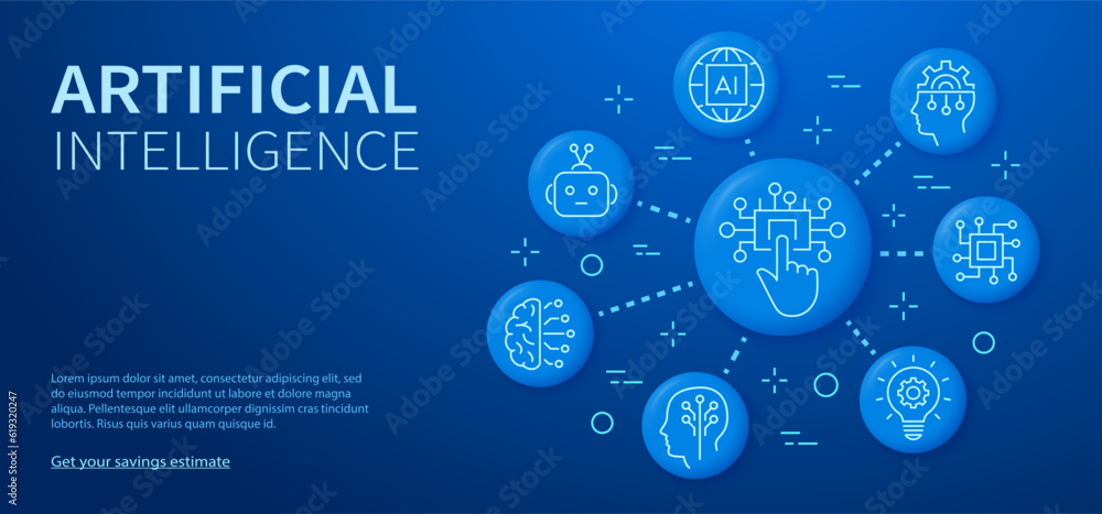 Poster artificial intelligence banner template with linear icons. set of innovation, brain, network, data s