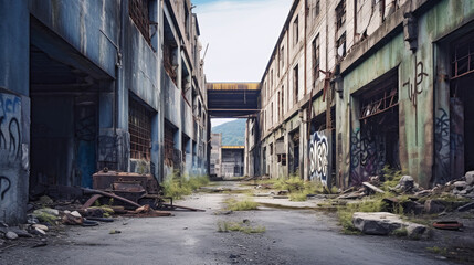 Fototapeta na wymiar Territory of abandoned industrial area waiting for demolition. Broken and burnt buildings. Ai generative