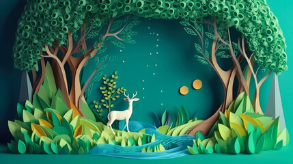 Paper cut art , Green forest and deers wildlife with nature background , ecology and environment conservation concept , Created with Generative Ai Technology - obrazy, fototapety, plakaty