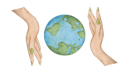 Planet Earth in woman's hand. Symbol of life, nature, foundation, ecology, international events. Around world. Watercolor hand drawn illustration Earth globe. Happy Earth Day. International Mother