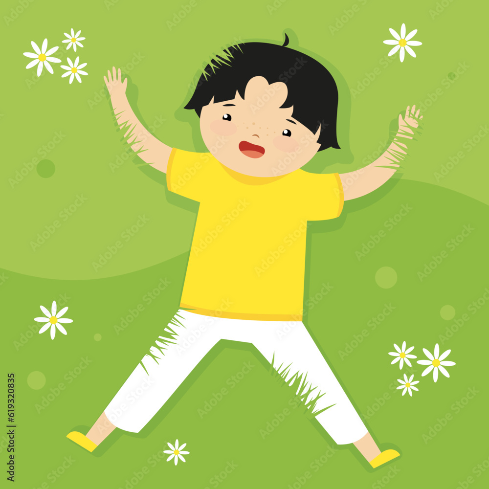 Wall mural Little boy jumping in the meadow with flowers. Vector illustration.