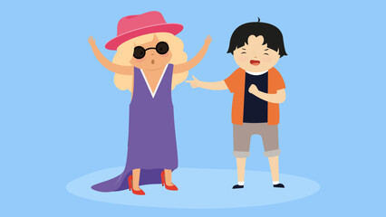 Boy and girl in summer clothes. Vector illustration on blue background.