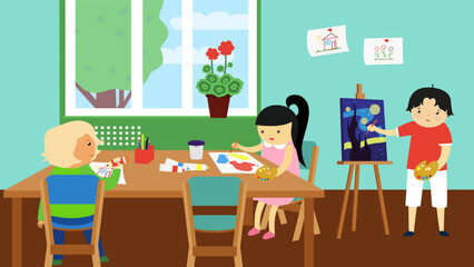 Children painting on canvas in kindergarten. Vector illustration in flat style.