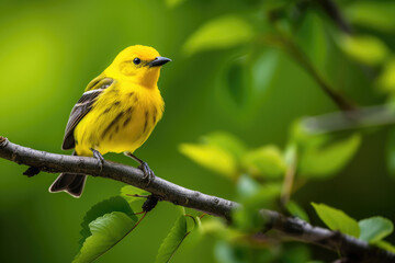 A yellow bird perched on a branch with a green background